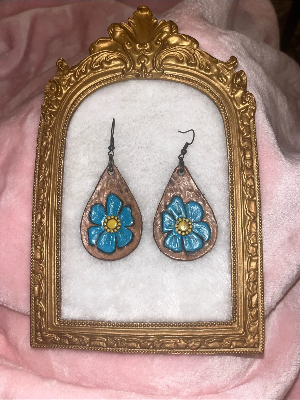 Handcrafted Teardrop Leather Earrings with Blue Flower Accent